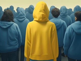 Lone Yellow Clad Figure Stands Out in a Sea of Uniformity Symbolizing Individuality and Nonconformity in a Futuristic Dystopian Landscape - obrazy, fototapety, plakaty