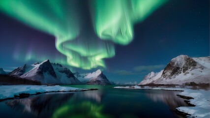 Norway's Lofoten islands are home to the aurora borealis. Polar lights in the night sky. Aurora and reflection on the water's surface in a nighttime winter environment. The background is natural in th