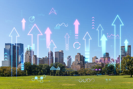 Cityscape with digital holographic overlays of charts and icons, symbolizing data and technology over a metropolitan park background. Double exposure