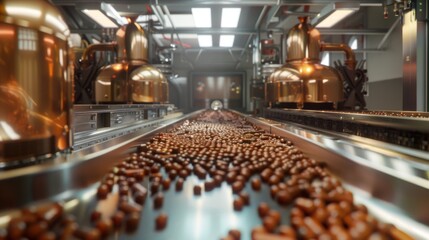The process of producing chocolate products at a chocolate factory. Mechanized and automated technological production of sweets. - obrazy, fototapety, plakaty