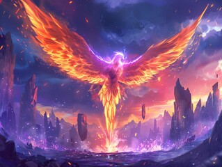 Majestic Phoenix Rising in a Fantasy Sky at Dusk - obrazy, fototapety, plakaty