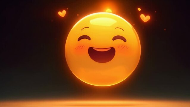 Cute little yellow smiley emoji on black background with hearts. Happy smiling face icon cartoon art illustration. Nice character sticker.Fun cheerful mood. Friendly person.
