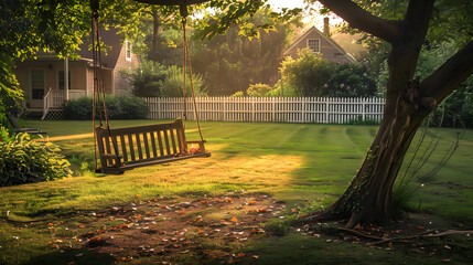 Nostalgic Wooden Swing Bathed in Warm Evening Light in a Green Residential Backyard