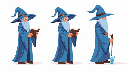 Old wizard and reading spell book on white background.