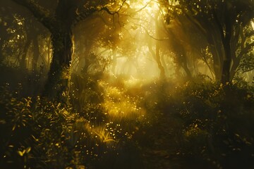 Mystical Forest Glade with Sunbeams and Fireflies - obrazy, fototapety, plakaty