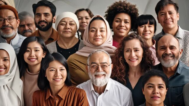 Diverse group of people smiling together, multicultural community concept. Portrait for social inclusion and diversity campaign design