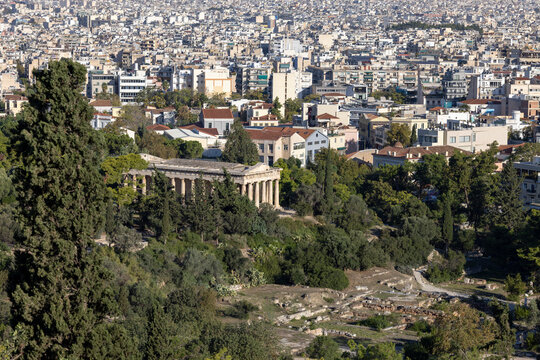 Aerial view of city with Temple of Hephaestus, Athens, Greece