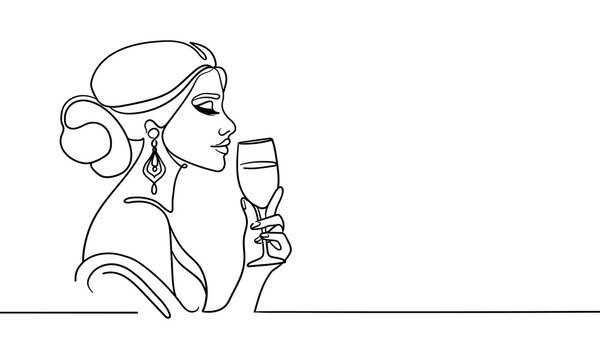 recommend clip art: Elegant woman drinks wine or champagne from a glass, continuous line art drawing isolated on white background. Girl enjoying a drink line art drawing. Vector illustration