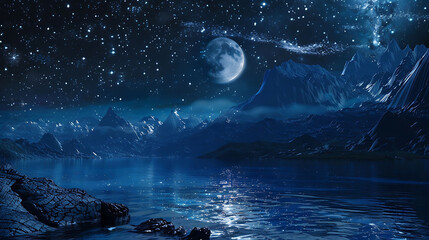 Starry night sky over a serene mountainous landscape with a bright moon and galactic backdrop - obrazy, fototapety, plakaty