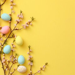 Naklejka na ściany i meble Easter eggs on yellow background, happy easter, with flowers