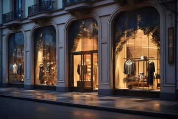 Papier Peint photo Milan Elegant fashion boutique with illuminated display windows at dusk