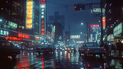 Rain-drenched city street at night with vivid neon signage and reflections on wet asphalt - obrazy, fototapety, plakaty