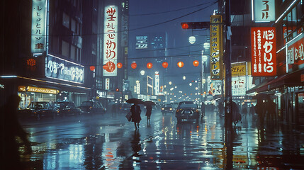 Rain-drenched city street at night with vivid neon signage and reflections on wet asphalt