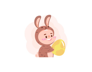illustration of a boy wearing a brown rabbit costume. celebrating easter day and holding easter eggs. funny, adorable and cute characters. flat or cartoon style illustration design. graphic elements