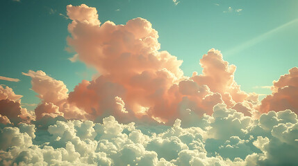 Expansive cloudscape viewed from above with bright sunlight casting shadows and light rays - obrazy, fototapety, plakaty
