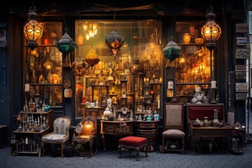 Antique shop storefront displaying a variety of vintage items, exuding a mysterious and nostalgic charm - obrazy, fototapety, plakaty