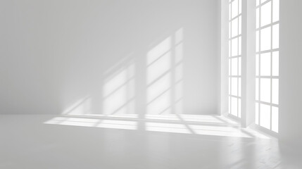 Minimalist white empty room corner with natural light creating soft shadows on clean walls