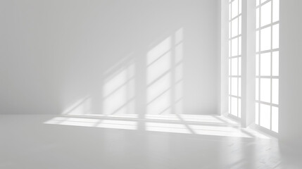 Obraz premium Minimalist white empty room corner with natural light creating soft shadows on clean walls