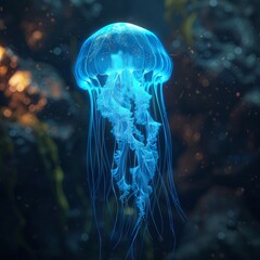 A glowing jellyfish, underwater world, 3D render, bioluminescent, mesmerizing light show, ethereal effect, dramatic lighting