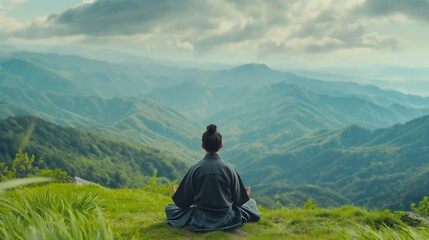 Fototapeta premium Peak Serenity: Meditative Moments Atop the Mountain Summit