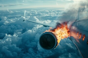 Artistic depictions of airplane disasters showing burning jet engines on wings - obrazy, fototapety, plakaty