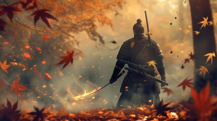 Autumn's Warrior: A Samurai's Solitude Amidst Nature's Palette