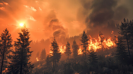 A forest under a blazing sunset, with trees engulfed in flames and smoke billowing into the sky, capturing the intensity and destruction of a wildfire. - obrazy, fototapety, plakaty