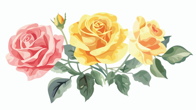 Pink and yellow roses on white watercolor painting fla