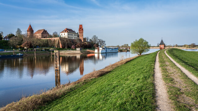 View over the Tangier to the historic castle complex from Tangerm&uuml;nde Germany