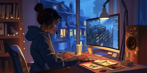 A female graphic designer sits at a desk in front of a computer, focusing on her work. - obrazy, fototapety, plakaty