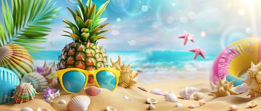 Summer background with sunglasses, pineapple and tropical leaves