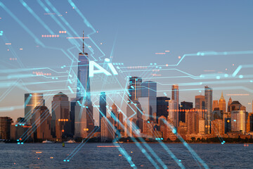 New York City skyline with digital holographic overlays suggesting future technology, on a dusk...