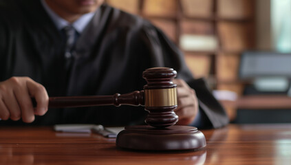 A man sitting at a table, holding a wooden gavel in his hand.