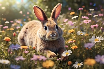"Experience the magic of spring with our AI-rendered image featuring a playful bunny amidst blooming wildflowers and fluttering butterflies. Perfect for Easter and joyous celebrations!"