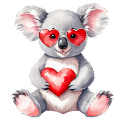 Koala wearing heart shaped sunglasses, holding a heart shaped stuff toy, balloon, watercolor illustration, cute animal, wild, clipart for scrapbook, for valentines day, love, relation ship, sorry art