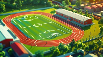 3D cartoon model, middle school and school's sports field. In the sports field there is a football field and a running track with grass ground - obrazy, fototapety, plakaty