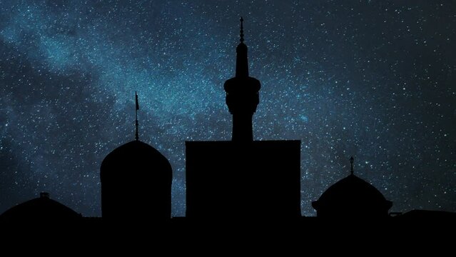 Iran: Holy mosque of Imam Reza in Mashhad, Time Lapse by Night with Stars and Milky Way in Background