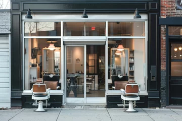  Modern barbershop exterior with vintage chairs and stylish interior © gankevstock