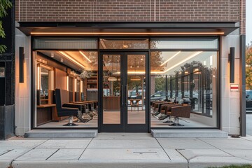 Modern barbershop exterior at dusk with stylish design and warm lighting