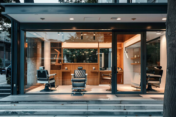 Modern barbershop interior with vintage chairs and stylish design at dusk