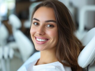 A woman smiling confidently after receiving teeth whitening treatment at a dental clinic