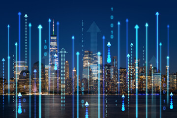 Cityscape of New York with futuristic digital hologram overlays representing data or technology...