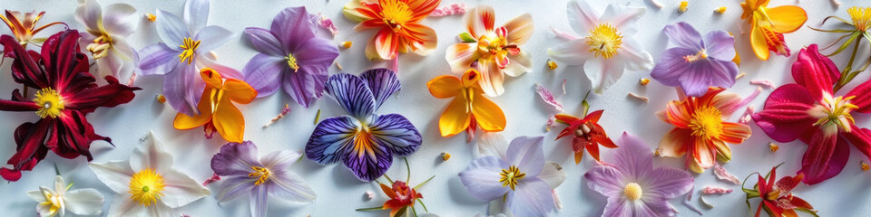 A collection of various colorful flowers is artfully spread across a neutral backdrop, creating a...