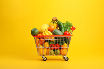 Vibrant assorted vegetables in a shopping cart against a bright yellow background, symbolizing healthy grocery shopping. Generative AI