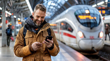homme de 30-40 ans sur le quai d'une gare en train de consulter son smartphone en attendant son train - obrazy, fototapety, plakaty