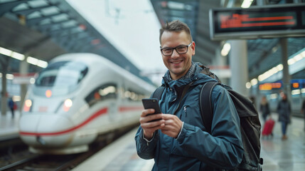 homme de 30-40 ans sur le quai d'une gare en train de consulter son smartphone en attendant son train - obrazy, fototapety, plakaty