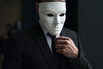 Business figure concealed in deceitful guise with white mask - obrazy, fototapety, plakaty
