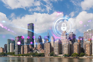 Manhattan skyline with a digital security hologram overlay, representing future urban technology....