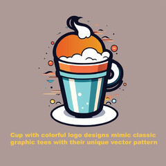 Customized cup of coffee with colorful logo designs and classic graphics with their unique vector pattern 