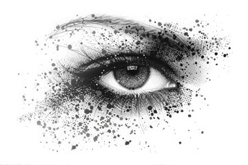 A minimalistic grayscale abstract close-up image of a woman's eye. A silhouette of dots and particles. A beautiful graphic half-tone woman portrait. Elegant design for printing posters, advertising 